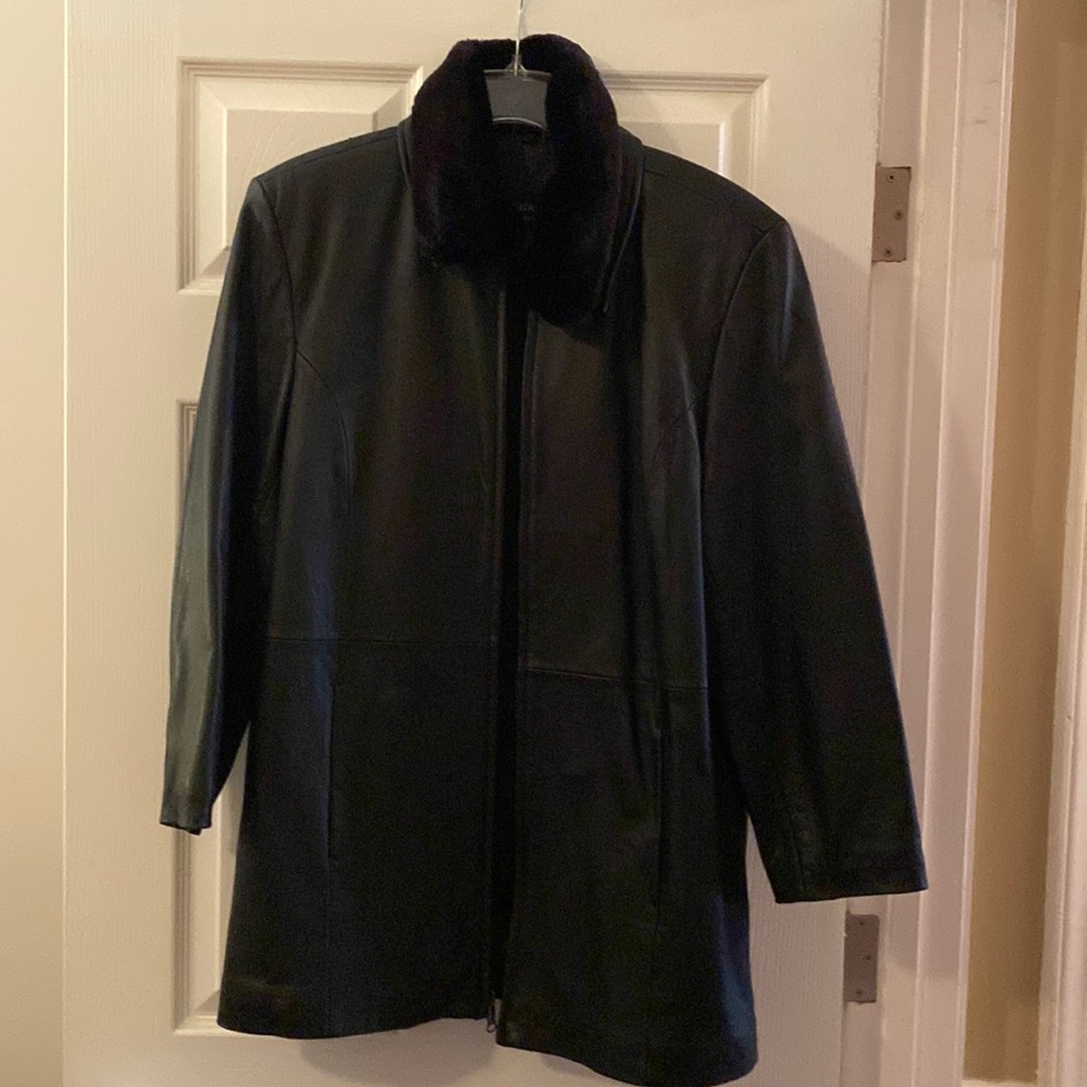 Black LEATHER waist length coat with faux fur collar. Worn once !!